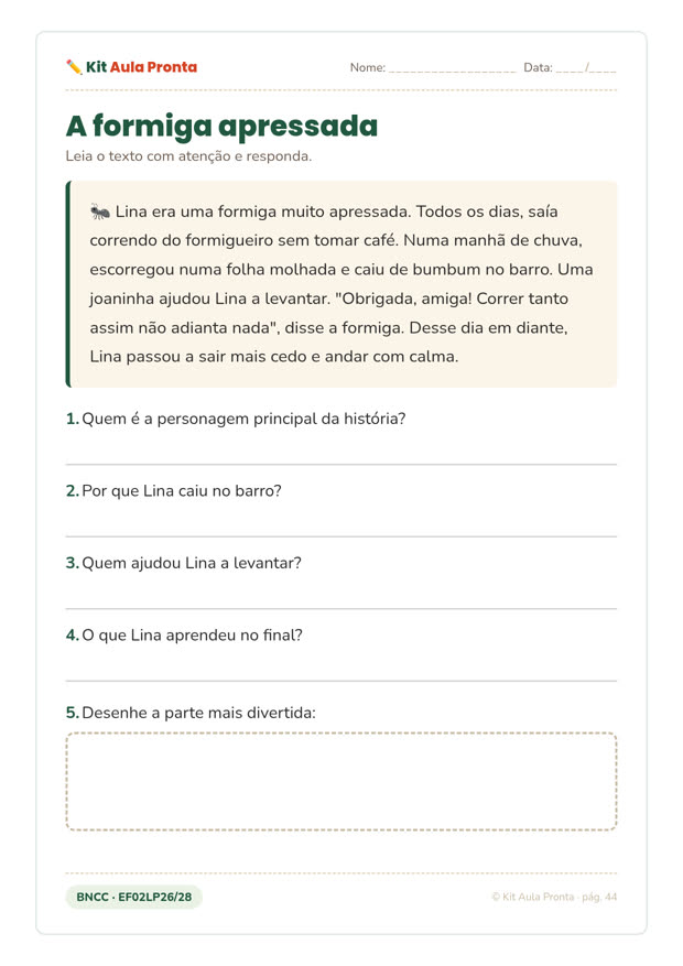 Texto A formiga apressada com 5 questões de interpretação