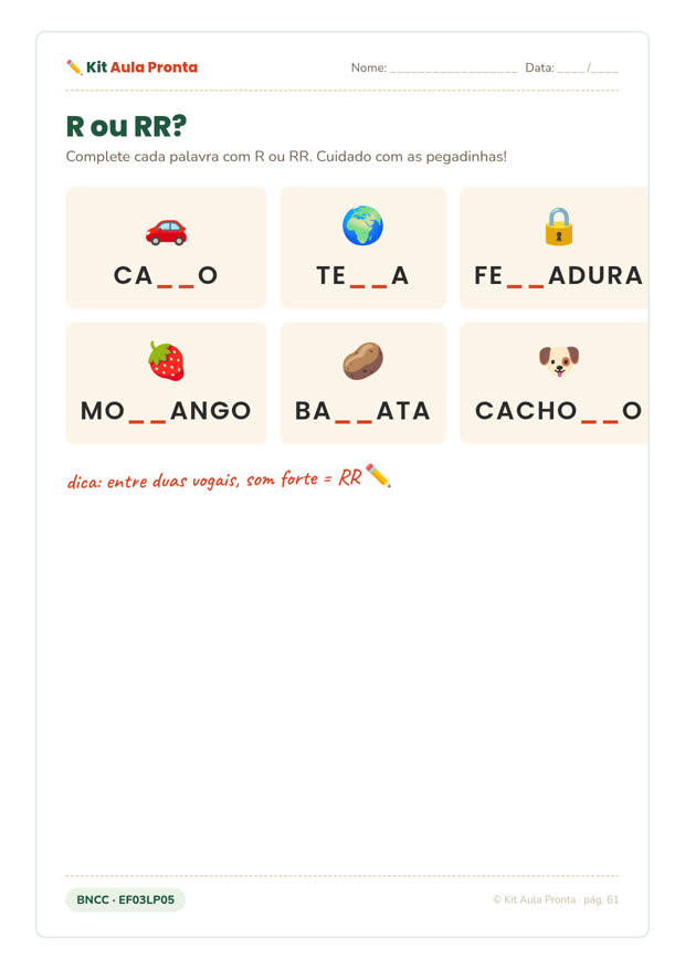 Atividade de ortografia: R ou RR