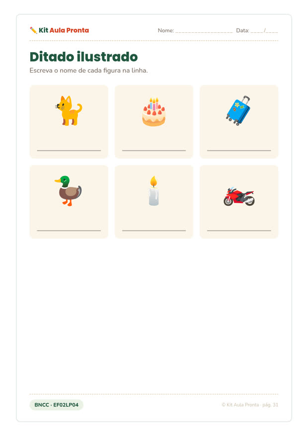 Ditado ilustrado com 6 figuras